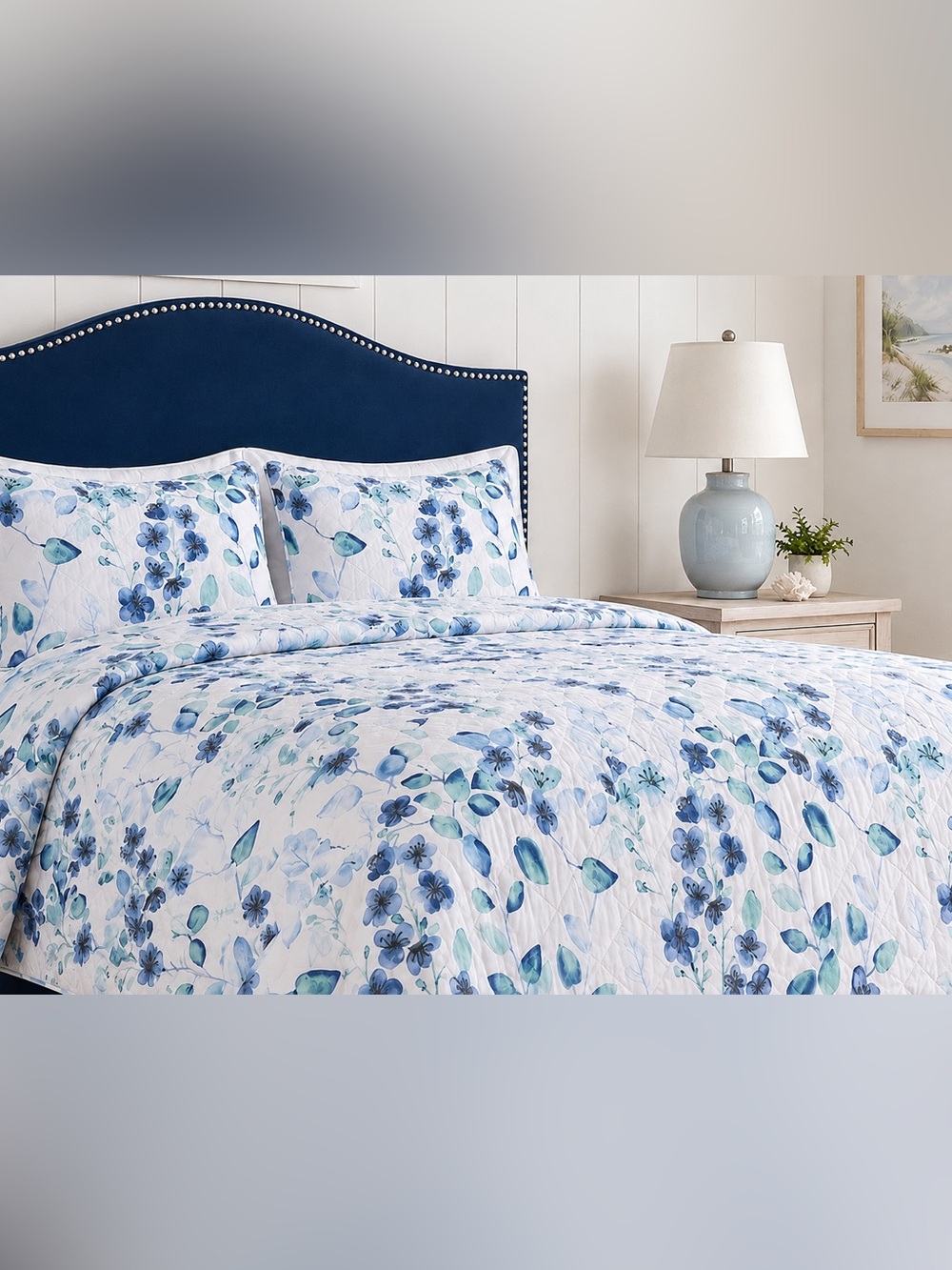 New JCPenney King 3-Piece Quilt Set Blue Floral Bedding with 2 Shams